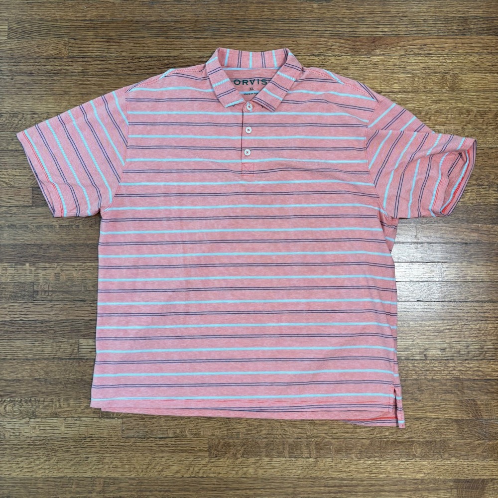 Orvis Mens XL‎ Polo Shirt Striped Peach Blue Pima Cotton Lycra Blend Casual
